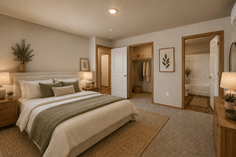A bedroom with a large bed and a carpeted floor.
