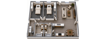 A 1050 square foot floor plan includes two bedrooms, two bathrooms, a living room, a dining room, and a kitchen.