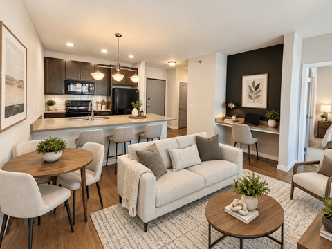 A modern living room with a grey couch and a wooden coffee table.