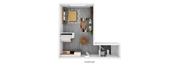 A floor plan of a small apartment with a kitchen, living room, and bathroom.