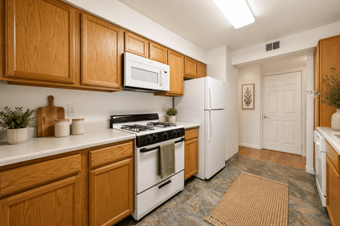 A kitchen with wooden cabinets and white appliances.