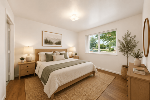 A bedroom with a large bed, nightstands, and a window.