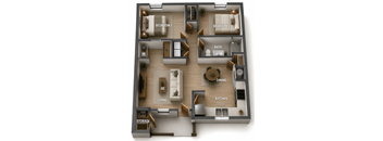 A 3D floor plan of a house with labeled rooms.
