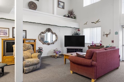 A living room with a red couch and a television.