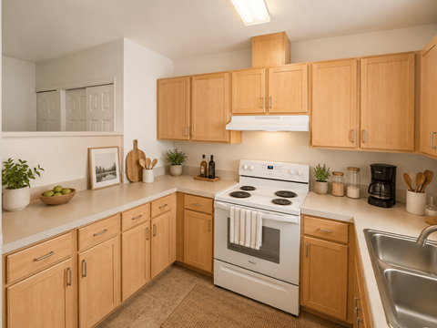 A kitchen with a white stove and wooden cabinets.