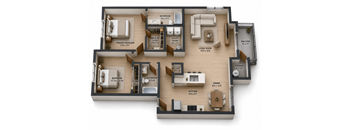 A 3D rendered image of a house layout with a living room, kitchen, dining room, and multiple bedrooms.