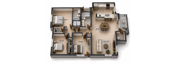 A 3D layout of a house with labeled rooms and dimensions.