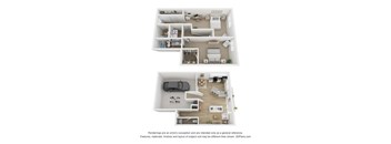 A floor plan of a two-story apartment with a living room, kitchen, and bedrooms.