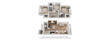 A 3D floor plan of a house with two bedrooms, a living room, a kitchen, and a bathroom.