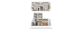 A 3D floor plan of a house with two bedrooms, a living room, a kitchen, and a bathroom.