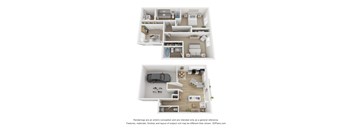 A floor plan of a two-bedroom apartment with a kitchen, living room, and bathroom.