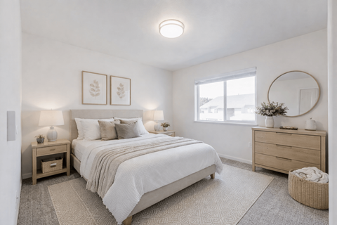 A bedroom with a large bed, a nightstand, and a dresser.