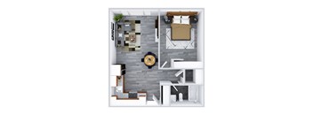 A top-down view of a modern apartment with a kitchen, living room, and bedroom.