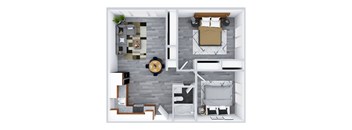 A top-down view of a small apartment with a kitchen, living room, and bedroom.