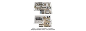 A floor plan of a two-bedroom apartment with a kitchen, living room, and bathroom.