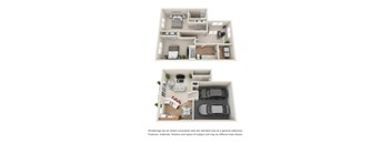 Two floor plan images of a house with a kitchen, living room, bedrooms and bathrooms.