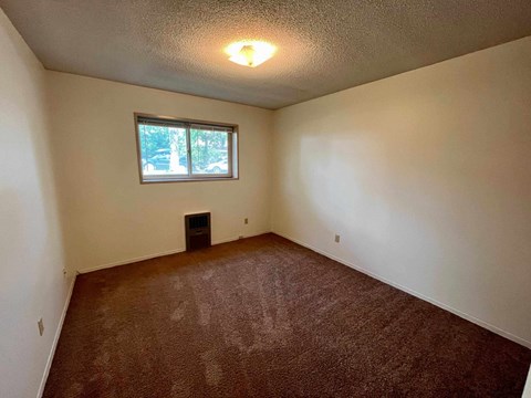 A room with a window and a carpeted floor.