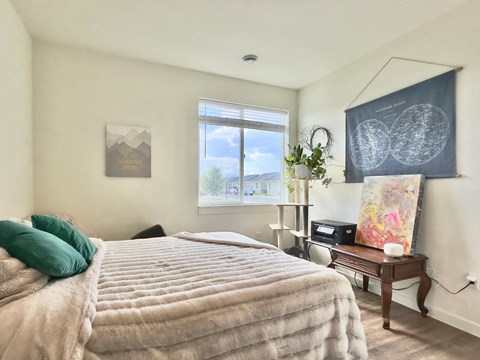 A bedroom with a large bed and a window overlooking the street.