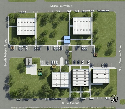A map shows a layout of a parking lot with numbered parking spaces.