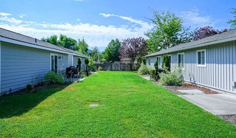 A grassy area in front of a row of houses.