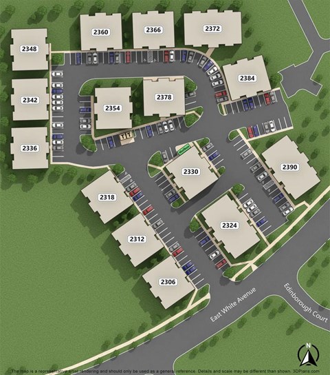 A 3D rendered image of a parking lot with numbered parking spaces.