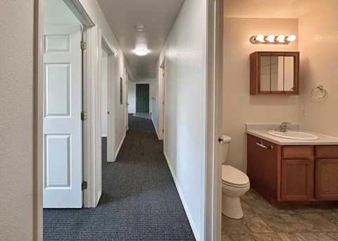 A long hallway with a toilet and sink at the end.