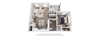 A top-down view of a modern apartment with a kitchen, living room, and bedroom.