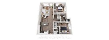 A 3D floor plan of a small apartment with a kitchen, living room, and bedrooms.