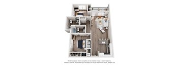 A 3D floor plan of a small apartment with a kitchen, living room, and bathroom.