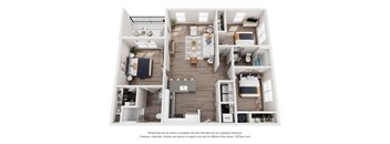 A 3D floor plan of a small apartment with a kitchen, living room, and bedrooms.