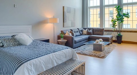 A bedroom with a large bed and a grey couch.
