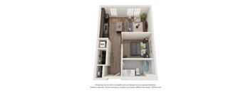 A 3D floor plan of a small apartment with a kitchen, living room, and bathroom.