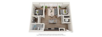 A 3D floor plan of a house with a kitchen, living room, and two bedrooms.