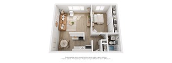 A 3D floor plan of a small apartment with a kitchen, living room, and bathroom.
