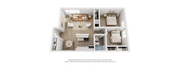 A 3D floor plan of a small apartment with a living room, kitchen, and bathroom.