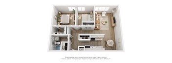 A 3D floor plan of a small apartment with a kitchen, living room, and bathroom.