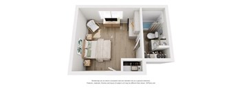 A top-down view of a small, neatly organized bedroom with a bed, dresser, and bathroom.