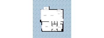 A floor plan of a house with a living room, dining area, kitchen, bedroom, bathroom, and closets.