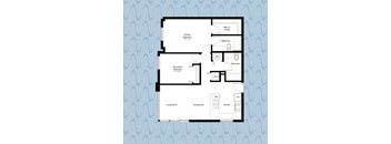 A floor plan of a house with a living room, two bedrooms, a bathroom, a dining area, a kitchen, and a walk-in closet.