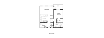 A floor plan of a small apartment with a living room, kitchen, dining room, and two bedrooms.