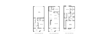 Three floor plans for a 6-plex apartment building.