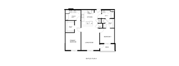 A floor plan of a home with a living room, two bedrooms, a kitchen, and a bathroom.