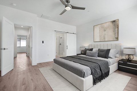 a bedroom with a bed and a ceiling fan