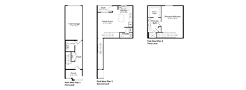 three floor plan of a house with three bedrooms and a garage