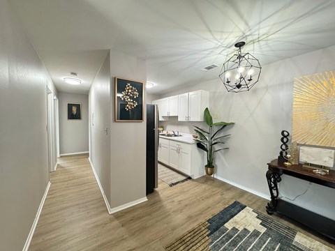 A long hallway with a rug on the floor and a plant on the side.