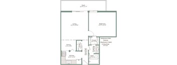 A floor plan of a house with a deck, living room, dining room, kitchen, and bathrooms.