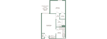 A floor plan of a one bedroom, one bathroom apartment.