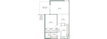 A floor plan of a home with a living area, bedroom, bathroom, kitchen, and pantry.