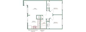 A floor plan of a two bedroom apartment with a living area and a kitchen.