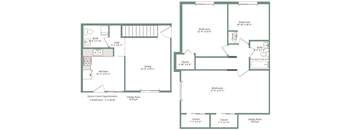 A floor plan of a house with two bedrooms, a living area, a kitchen, a bathroom, and a hall.